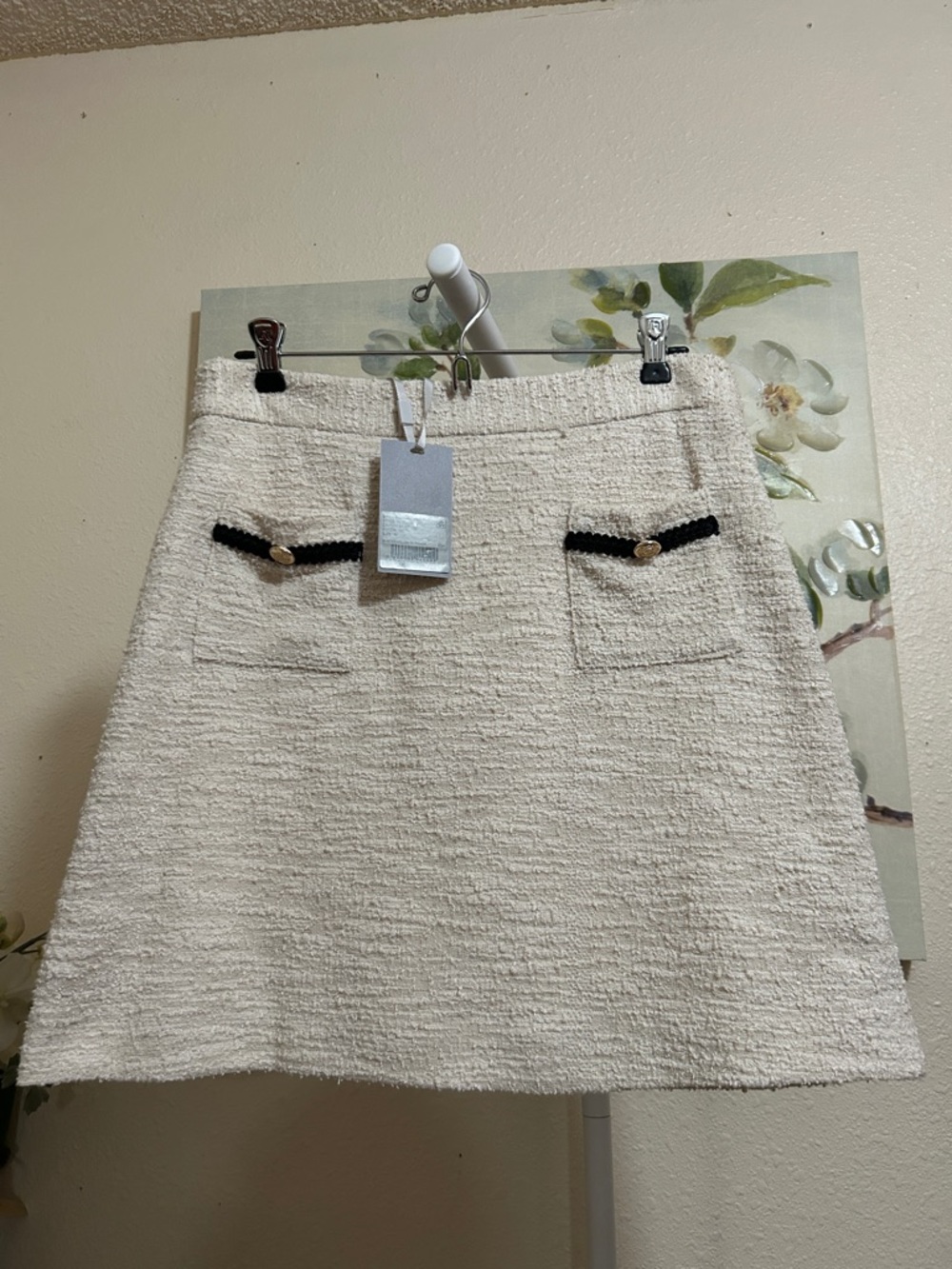 Preston & York Cream Bouclé Mini Skirt with Black Trim and Gold Buttons